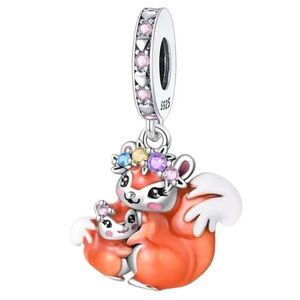 S925 Sterling Silver Squirrel Embracing Young Dangle Charm - Pandora Style